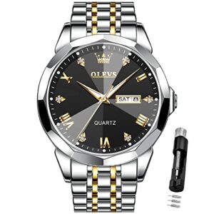 olevs men watches business dress diamond analog quartz date luxury wrist watch black casual stainless steel waterproof luminous two tone watch for men