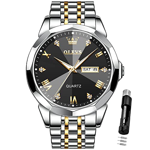 OLEVS Men Watches Business Dress Diamond Analog Quartz Date Luxury Wrist Watch Black Casual Stainless Steel Waterproof Luminous Two Tone Watch for Men