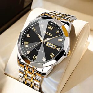 OLEVS Men Watches Business Dress Diamond Analog Quartz Date Luxury Wrist Watch Black Casual Stainless Steel Waterproof Luminous Two Tone Watch for Men