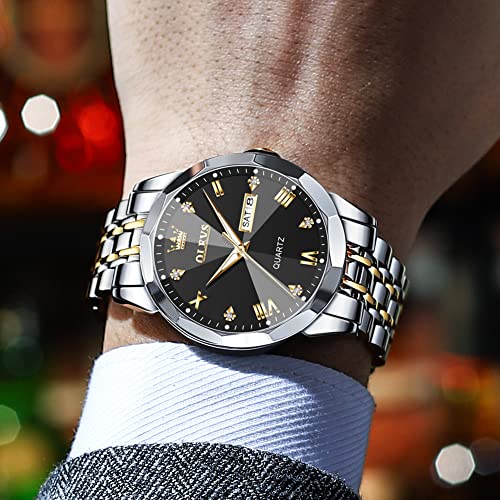 OLEVS Men Watches Business Dress Diamond Analog Quartz Date Luxury Wrist Watch Black Casual Stainless Steel Waterproof Luminous Two Tone Watch for Men