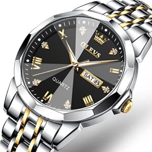 OLEVS Men Watches Business Dress Diamond Analog Quartz Date Luxury Wrist Watch Black Casual Stainless Steel Waterproof Luminous Two Tone Watch for Men