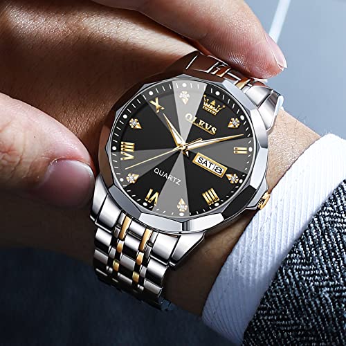 OLEVS Men Watches Business Dress Diamond Analog Quartz Date Luxury Wrist Watch Black Casual Stainless Steel Waterproof Luminous Two Tone Watch for Men