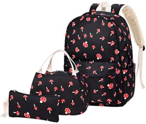 fewofj mushroom school backpack for teen girls, bookbag with lunch box and pencil case