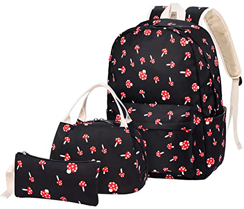 FEWOFJ Mushroom School Backpack for Teen Girls, Bookbag with Lunch Box and Pencil Case