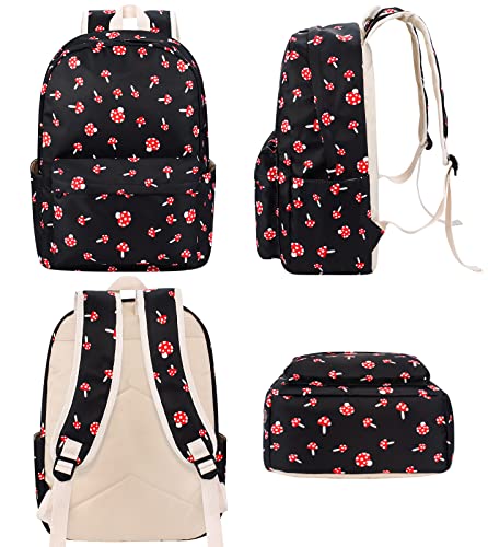 FEWOFJ Mushroom School Backpack for Teen Girls, Bookbag with Lunch Box and Pencil Case