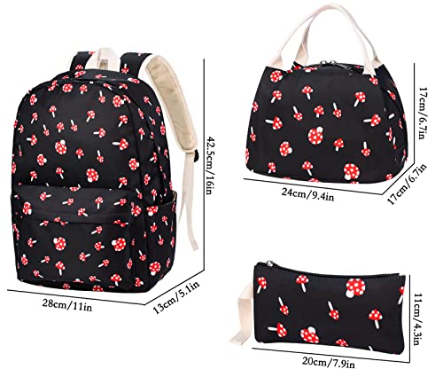 FEWOFJ Mushroom School Backpack for Teen Girls, Bookbag with Lunch Box and Pencil Case
