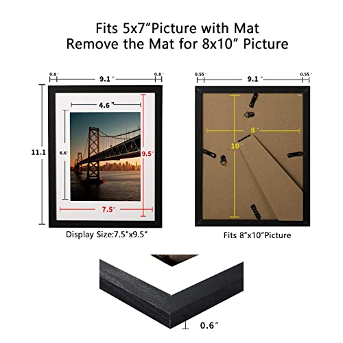 BAIJIALI 8x10 Picture Frame Black Wood Pattern with HD Plexiglass,Display Pictures 5x7 with Mat or 8x10 Without Mat, Horizontal and Vertical Formats for Wall and Table Mounting