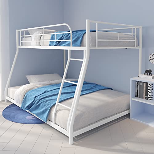 Lostcat Metal Bunk Bed Twin Over Full Size,Heavy Duty Low Bunkbeds with Ladder & Safety Guard Rails,for Kids Teens Adults,Space Saving & No Box Spring Need,White