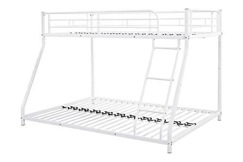 Lostcat Metal Bunk Bed Twin Over Full Size,Heavy Duty Low Bunkbeds with Ladder & Safety Guard Rails,for Kids Teens Adults,Space Saving & No Box Spring Need,White