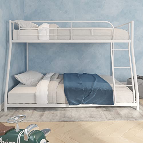 Lostcat Metal Bunk Bed Twin Over Full Size,Heavy Duty Low Bunkbeds with Ladder & Safety Guard Rails,for Kids Teens Adults,Space Saving & No Box Spring Need,White