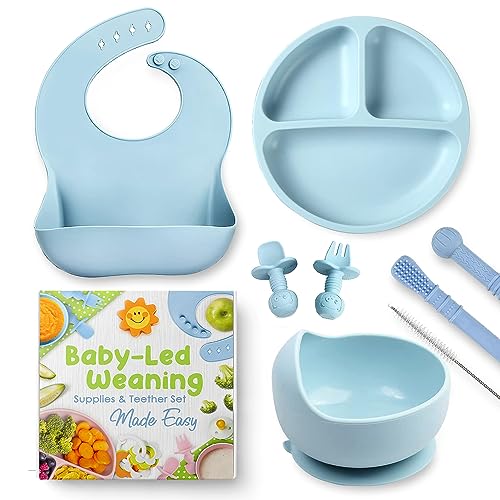 BAEDIMI Baby Led Weaning Supplies - Silicone Baby Feeding Set - Divided Plate, Suction Bowl, Bib, Self Feeding Spoon and Fork, Teethers Set - First Stage Solid Food Eating Utensils 6+ Months