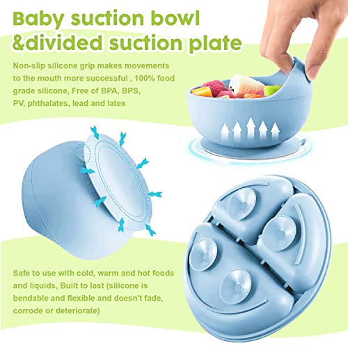 BAEDIMI Baby Led Weaning Supplies - Silicone Baby Feeding Set - Divided Plate, Suction Bowl, Bib, Self Feeding Spoon and Fork, Teethers Set - First Stage Solid Food Eating Utensils 6+ Months