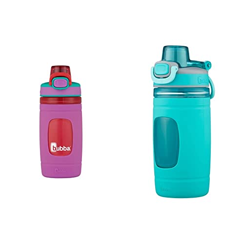 bubba Flo Kids Water Bottle, Mixed Berry & Flo Kids Water Bottle with Leak-Proof Lid, 16oz Dishwasher Safe Water Bottle for Kids, Impact and Stain-Resistant, Aqua Waters