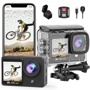 timnut 4k action camera touchscreen - dual screen ultra hd eis wifi sports camera,40m waterproof camera 170°wide angle vlog camera 20mp underwater camcorder with remote control and 2 batteries
