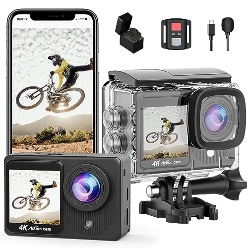 TIMNUT 4K Action Camera Touchscreen - Dual Screen Ultra HD EIS WiFi Sports Camera,40M Waterproof Camera 170°Wide Angle Vlog Camera 20MP Underwater Camcorder with Remote Control and 2 Batteries