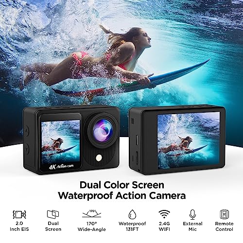 TIMNUT 4K Action Camera Touchscreen - Dual Screen Ultra HD EIS WiFi Sports Camera,40M Waterproof Camera 170°Wide Angle Vlog Camera 20MP Underwater Camcorder with Remote Control and 2 Batteries