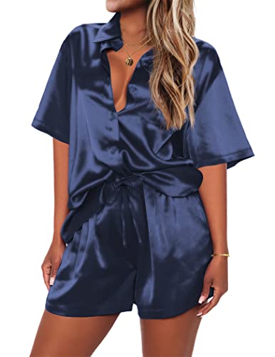 Ekouaer Womens Silk Pajamas Button Up Short Sleeve Sleeping Wear Satin Top with Shorts Casual Two Piece Lounge Set Navy,L