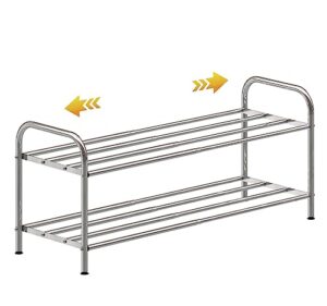 skiken 2-tier low shoe rack, 100% stainless steel, small expandable shoe rack, stretchable rod, no rust, easy to care, simple metal storage rack for entrance, stairs side, closet, bathroom