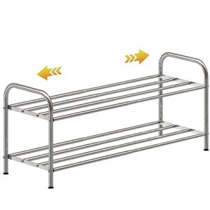 SKIKEN 2-Tier Low Shoe Rack, 100% Stainless Steel, Small Expandable Shoe Rack, Stretchable Rod, No Rust, Easy to Care, Simple Metal Storage Rack For Entrance, Stairs Side, Closet, Bathroom