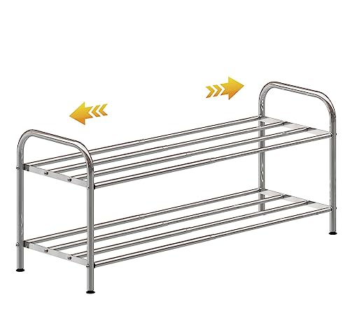 SKIKEN 2-Tier Low Shoe Rack, 100% Stainless Steel, Small Expandable Shoe Rack, Stretchable Rod, No Rust, Easy to Care, Simple Metal Storage Rack For Entrance, Stairs Side, Closet, Bathroom