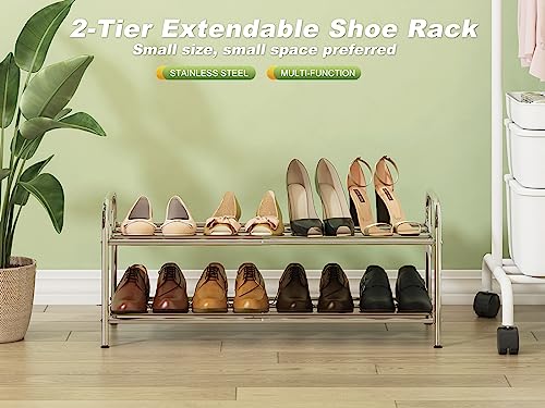 SKIKEN 2-Tier Low Shoe Rack, 100% Stainless Steel, Small Expandable Shoe Rack, Stretchable Rod, No Rust, Easy to Care, Simple Metal Storage Rack For Entrance, Stairs Side, Closet, Bathroom