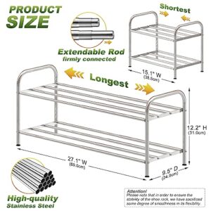 SKIKEN 2-Tier Low Shoe Rack, 100% Stainless Steel, Small Expandable Shoe Rack, Stretchable Rod, No Rust, Easy to Care, Simple Metal Storage Rack For Entrance, Stairs Side, Closet, Bathroom