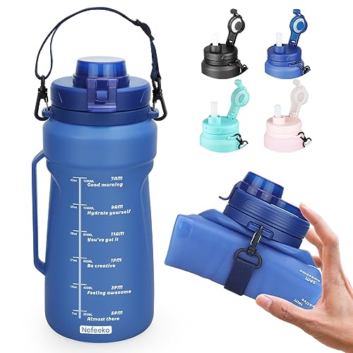 Nefeeko Collapsible Water Bottles, 1.5L Reusable Collapsible Water Bottle for Travel Leakproof, BPA Free Foldable Silicone Water Bottles with Straw for Traveling Sport Gym Camping Hiking