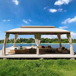 joyside 10x20 ft outdoor gazebo, double-tier roof gazebo tent with curtains and nettings, patio spacious carport gazebo with metal steel frame suitable for lawn, backyard patio, beige