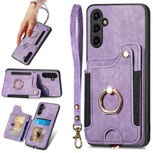 a14 5g case,card holder wallet for galaxy a14 5g phone case,ring holder stand,rfid-blocking,wrist strap,camera protector,leather protective magnetic flip cover for samsung a14 5g case (purple)