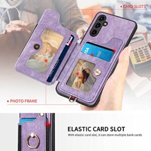 A14 5G Case,Card Holder Wallet for Galaxy A14 5G Phone Case,Ring Holder Stand,RFID-Blocking,Wrist Strap,Camera Protector,Leather Protective Magnetic Flip Cover for Samsung A14 5G Case (Purple)