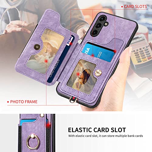 A14 5G Case,Card Holder Wallet for Galaxy A14 5G Phone Case,Ring Holder Stand,RFID-Blocking,Wrist Strap,Camera Protector,Leather Protective Magnetic Flip Cover for Samsung A14 5G Case (Purple)