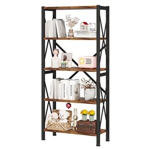homeiju 5-tier bookshelf, wood bookcase, book shelf with steel frame, storage rack with open shelves, rustic standing bookshelves, ladder shelf for bedroom, living room and home office