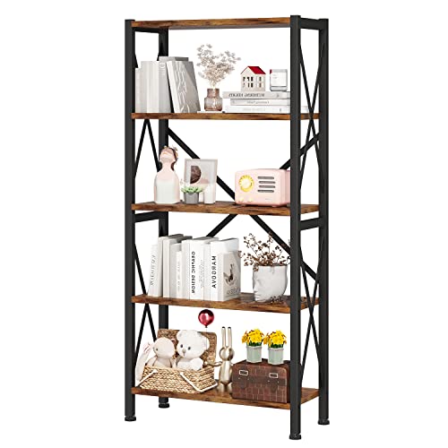 Homeiju 5-Tier Bookshelf, Wood Bookcase, Book Shelf with Steel Frame, Storage Rack with Open Shelves, Rustic Standing Bookshelves, Ladder Shelf for Bedroom, Living Room and Home Office