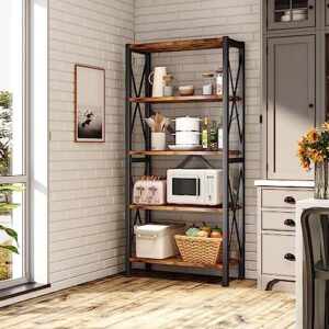 Homeiju 5-Tier Bookshelf, Wood Bookcase, Book Shelf with Steel Frame, Storage Rack with Open Shelves, Rustic Standing Bookshelves, Ladder Shelf for Bedroom, Living Room and Home Office