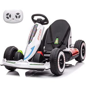 prime club electric go kart 12v ride on car racer pedal car with remote control brake music usb port,adjustable length birthday for 37-95 months boys girls (white)