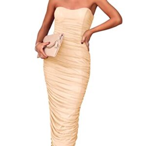 ANRABESS Women Ruched Bodycon Dress 2023 Summer Sexy Strapless Sleeveless Slit Party Cocktail Club Night Dresses Elagant Wedding Guest Evening Graduation Prom Dress 883qianxing-M Apricot