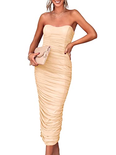 ANRABESS Women Ruched Bodycon Dress 2023 Summer Sexy Strapless Sleeveless Slit Party Cocktail Club Night Dresses Elagant Wedding Guest Evening Graduation Prom Dress 883qianxing-M Apricot