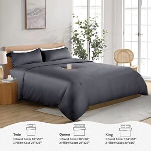 NEXHOME PRO 100% Organic Bamboo Duvet Cover Set Queen - Lightweight Summer Cooling Comforter Cover for Hot Sleepers 90"x90" 3pcs Breathable Dark Grey Bedding with Corner Ties,Zipper Closure,No Insert