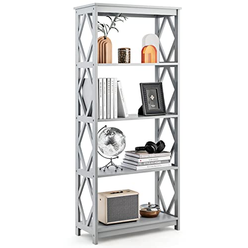 Giantex 5-Tier 61" Tall Wooden Bookshelf - Modern Freestanding Open Shelving Storage Display Shelf with Anti-toppling Device, Easy Assembly Bookcase Shelf Rack for Bedroom, Living Room, Grey