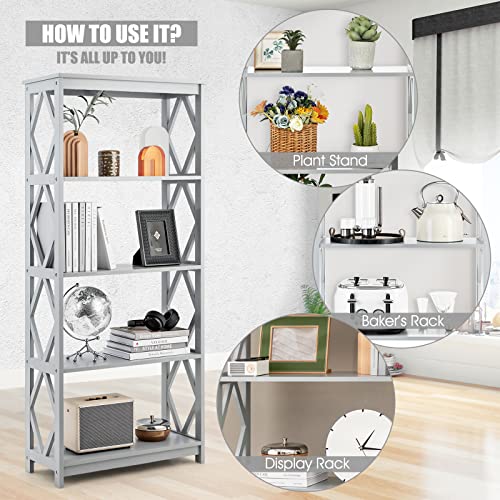 Giantex 5-Tier 61" Tall Wooden Bookshelf - Modern Freestanding Open Shelving Storage Display Shelf with Anti-toppling Device, Easy Assembly Bookcase Shelf Rack for Bedroom, Living Room, Grey