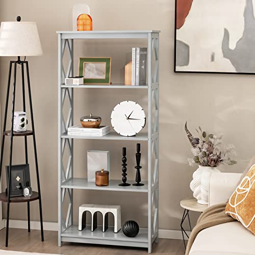 Giantex 5-Tier 61" Tall Wooden Bookshelf - Modern Freestanding Open Shelving Storage Display Shelf with Anti-toppling Device, Easy Assembly Bookcase Shelf Rack for Bedroom, Living Room, Grey