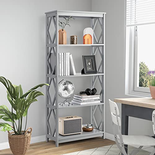 Giantex 5-Tier 61" Tall Wooden Bookshelf - Modern Freestanding Open Shelving Storage Display Shelf with Anti-toppling Device, Easy Assembly Bookcase Shelf Rack for Bedroom, Living Room, Grey