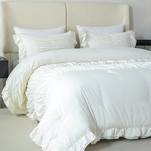 DeramHy home Ivory White Comforter Queen Set (90x90Inch),3 Pieces(1 Ruffle Comforter,2 Pillowcases),Lightweight Farmhouse Shabby Boho Bedding,Ultra Fluffy Washed Microfiber Bedding Comforter Set