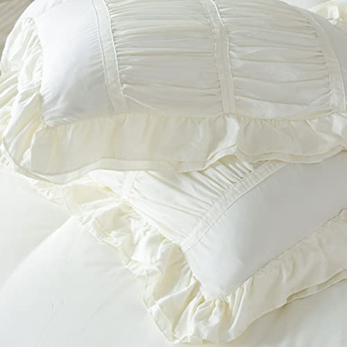 DeramHy home Ivory White Comforter Queen Set (90x90Inch),3 Pieces(1 Ruffle Comforter,2 Pillowcases),Lightweight Farmhouse Shabby Boho Bedding,Ultra Fluffy Washed Microfiber Bedding Comforter Set