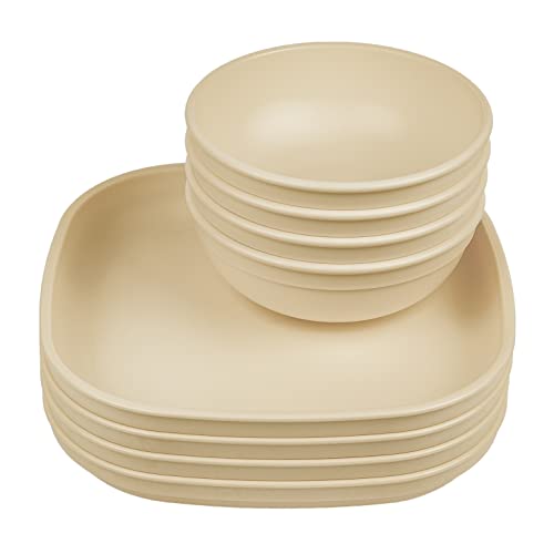 Re Play Made in USA Recycled Products - Set of 4-9" Heavy Duty Environmentally Friendly Dining Plates and 20 oz. Bowls, Great for Outdoor, Camping, Party, Tailgating or Everyday Dining - Sand