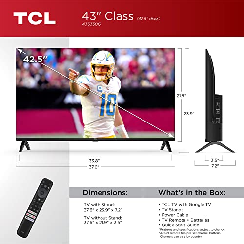 TCL 43-Inch Class S3 1080p LED Smart TV with Google TV (43S350G, 2023 Model), Google Assistant Built-in with Voice Remote, Compatible with Alexa, Streaming FHD Television,Black
