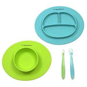 silicone bowl and silicone plate easily wipe clean! self feeding set reduces spills! spend less time cleaning after meals with a baby or toddler! set includes 2 colors (lime green / turquoise)