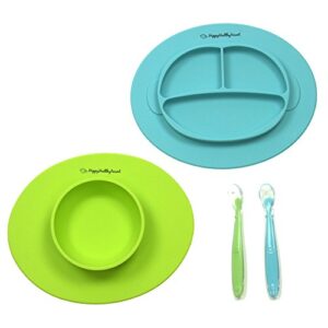 Silicone Bowl and Silicone Plate Easily Wipe Clean! Self Feeding Set Reduces Spills! Spend Less Time Cleaning after Meals with a Baby or Toddler! Set Includes 2 Colors (Lime Green / Turquoise)