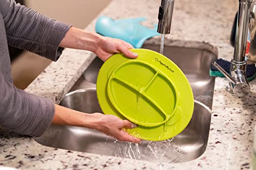 Silicone Bowl and Silicone Plate Easily Wipe Clean! Self Feeding Set Reduces Spills! Spend Less Time Cleaning after Meals with a Baby or Toddler! Set Includes 2 Colors (Lime Green / Turquoise)