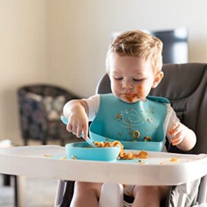 Silicone Bowl and Silicone Plate Easily Wipe Clean! Self Feeding Set Reduces Spills! Spend Less Time Cleaning after Meals with a Baby or Toddler! Set Includes 2 Colors (Lime Green / Turquoise)